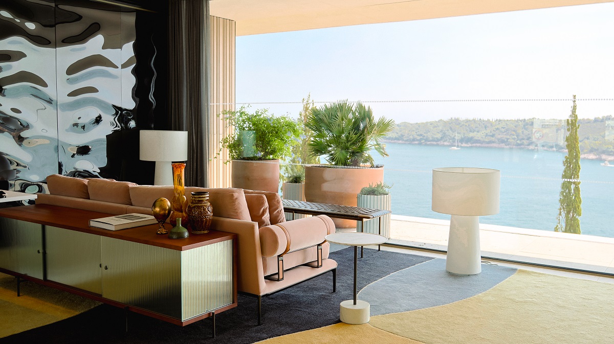reception area with floor to ceiling window with view over the sea