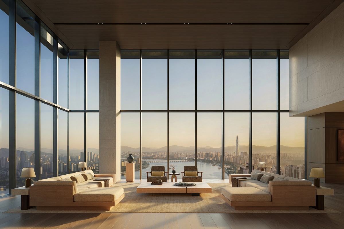 living room in Aman Residences, Seoul with floor to ceiling windows giving panoramic city views