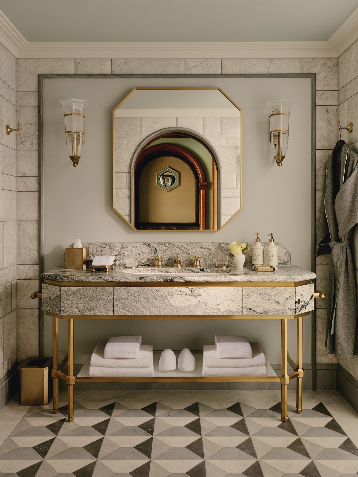 bathroom vanity with georgian period design details and tiles