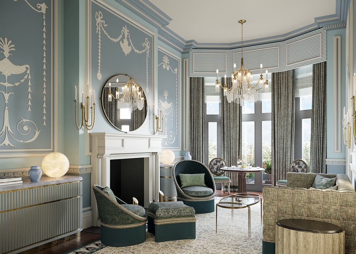 sitting room in chippendale blue and white in Cambridge House, Auberge Collection