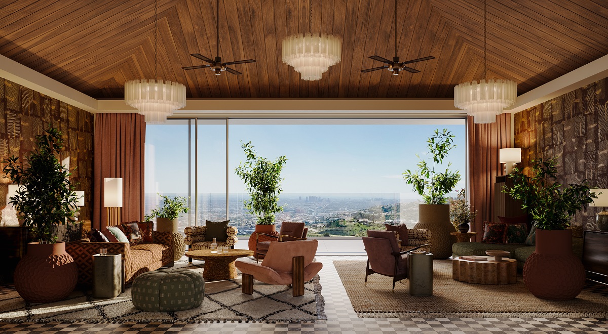 contemporary room set with Stellar pots in front of floor to ceiling window
