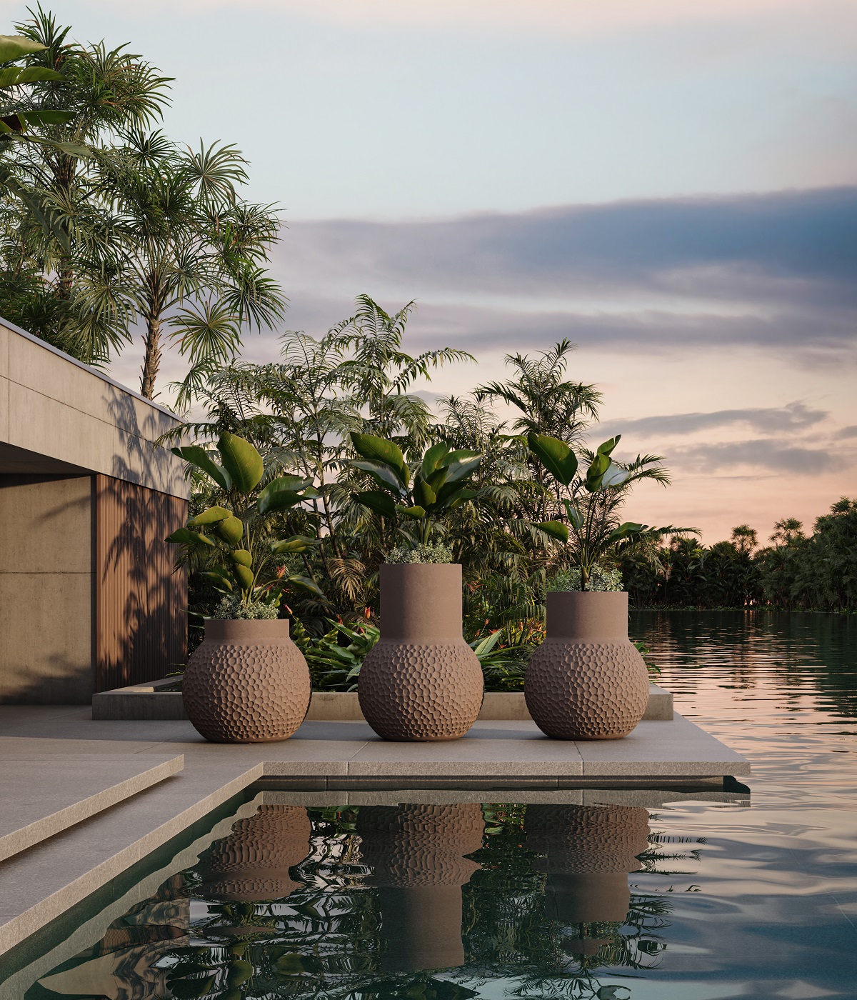 3 Stellar pots by Zizipho Poswa for Indigenus - in a row alongside a swimming pool
