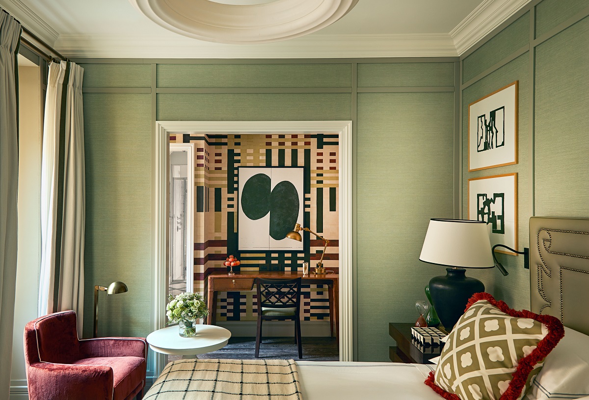 graphic art, patterned wallcoverings and fabric in suite at The Carlton Milan by Rocco Forte Hotels