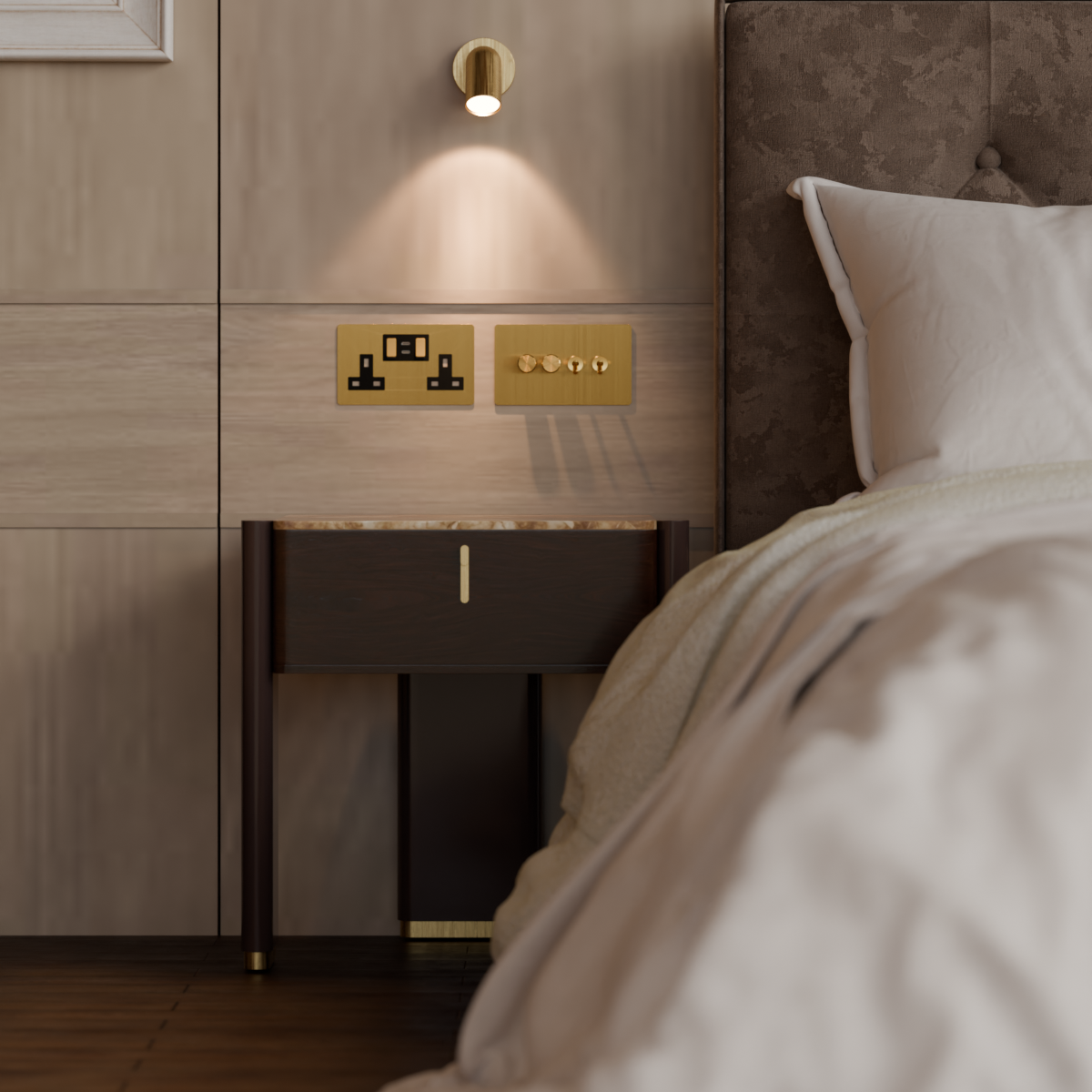 detail of hotel bed with bedside light on and a selection of switches