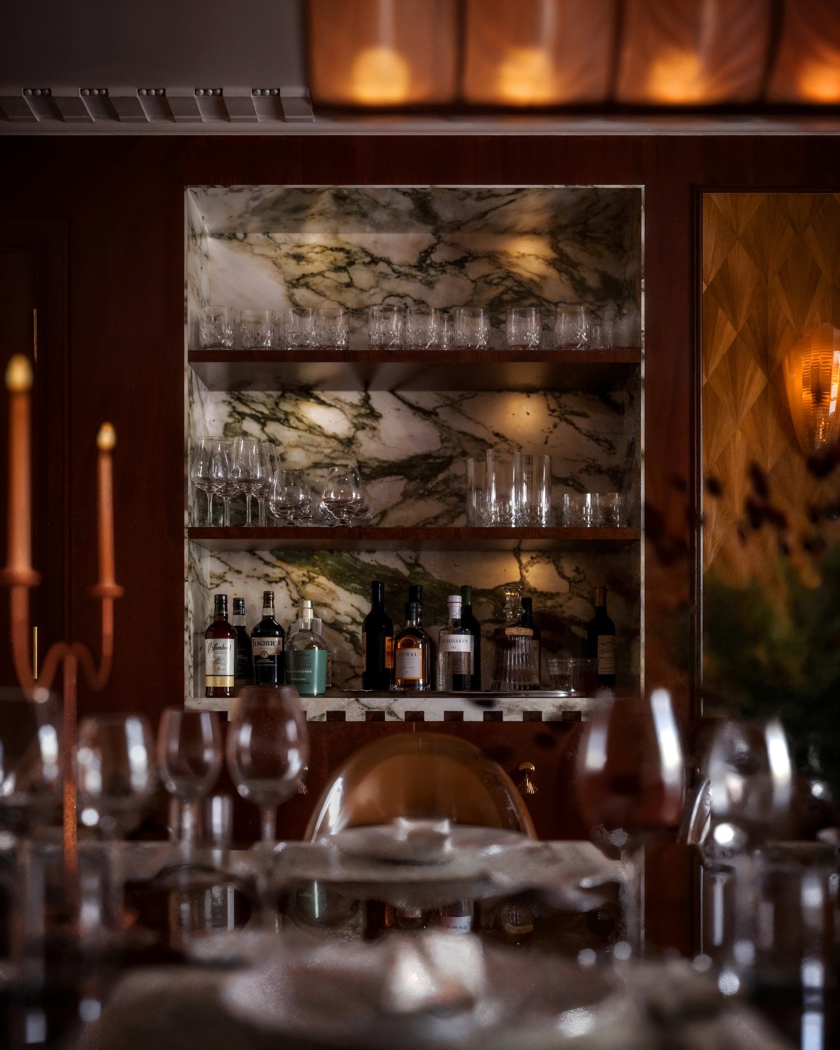 view across the set table to the marble bar in The Tower Gleneagles