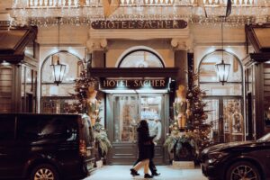 hotel front facade winter scene
