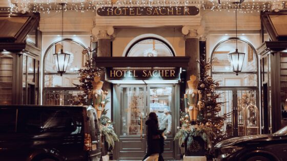 hotel front facade winter scene