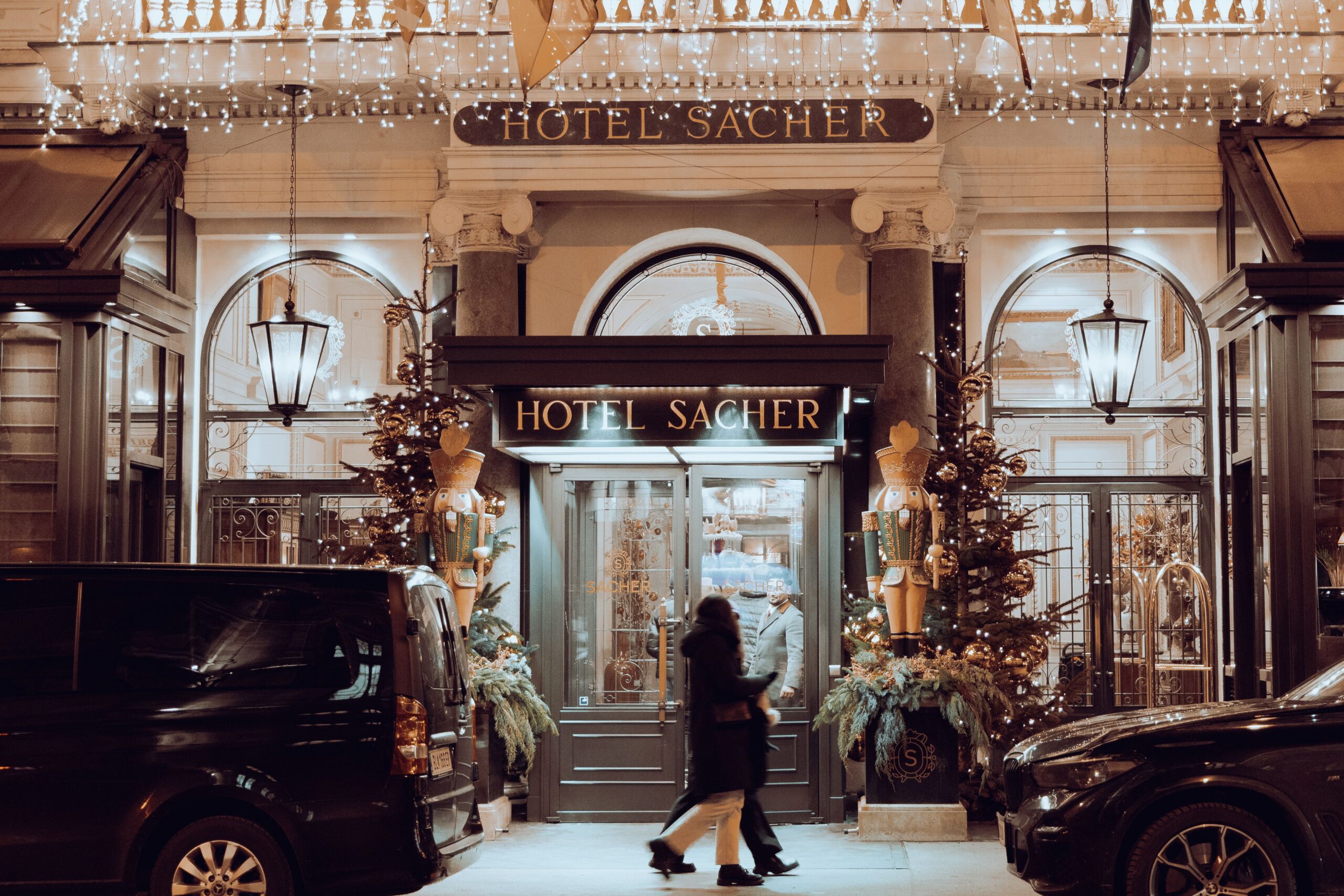 hotel front facade winter scene