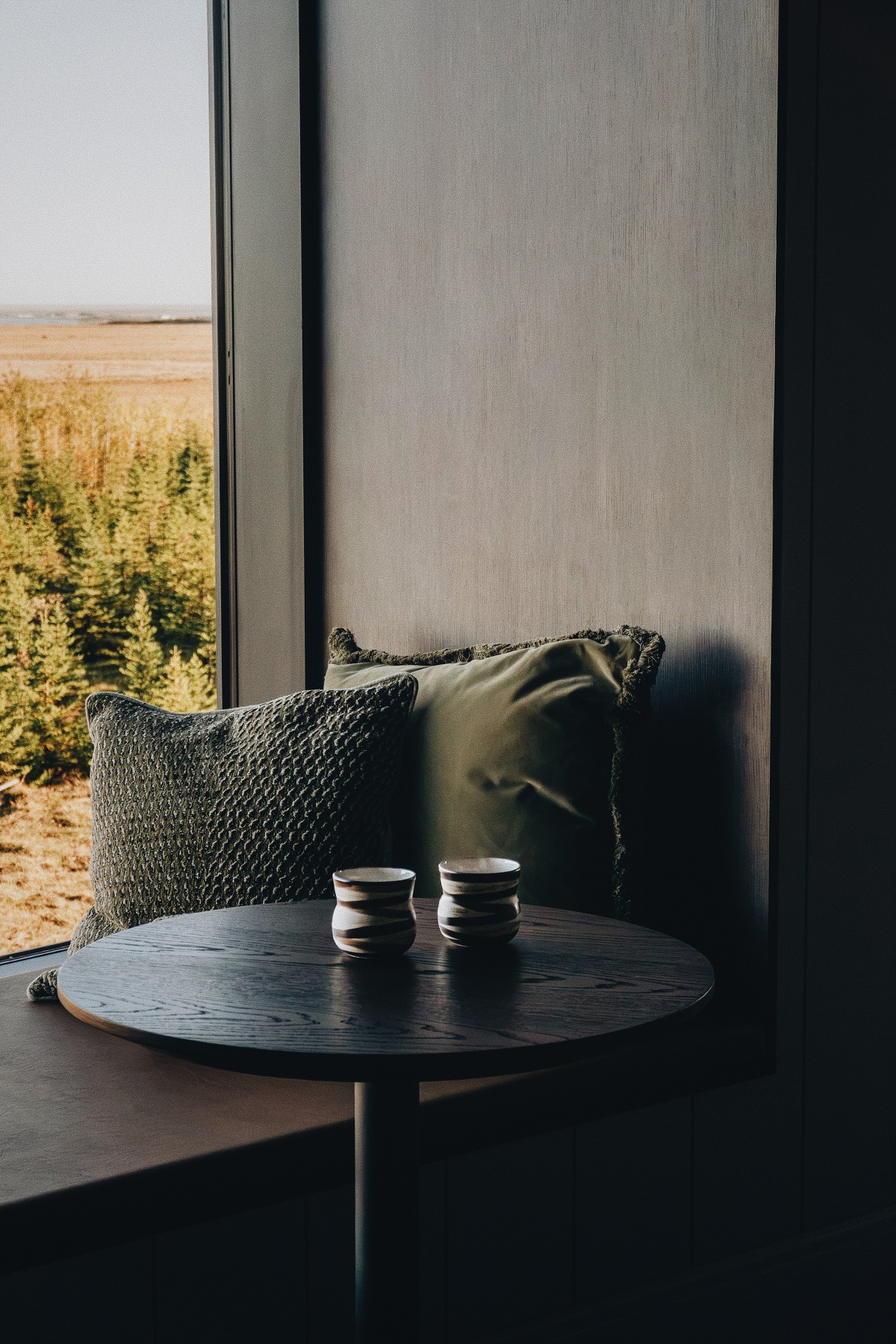 cushions on window seat with round table