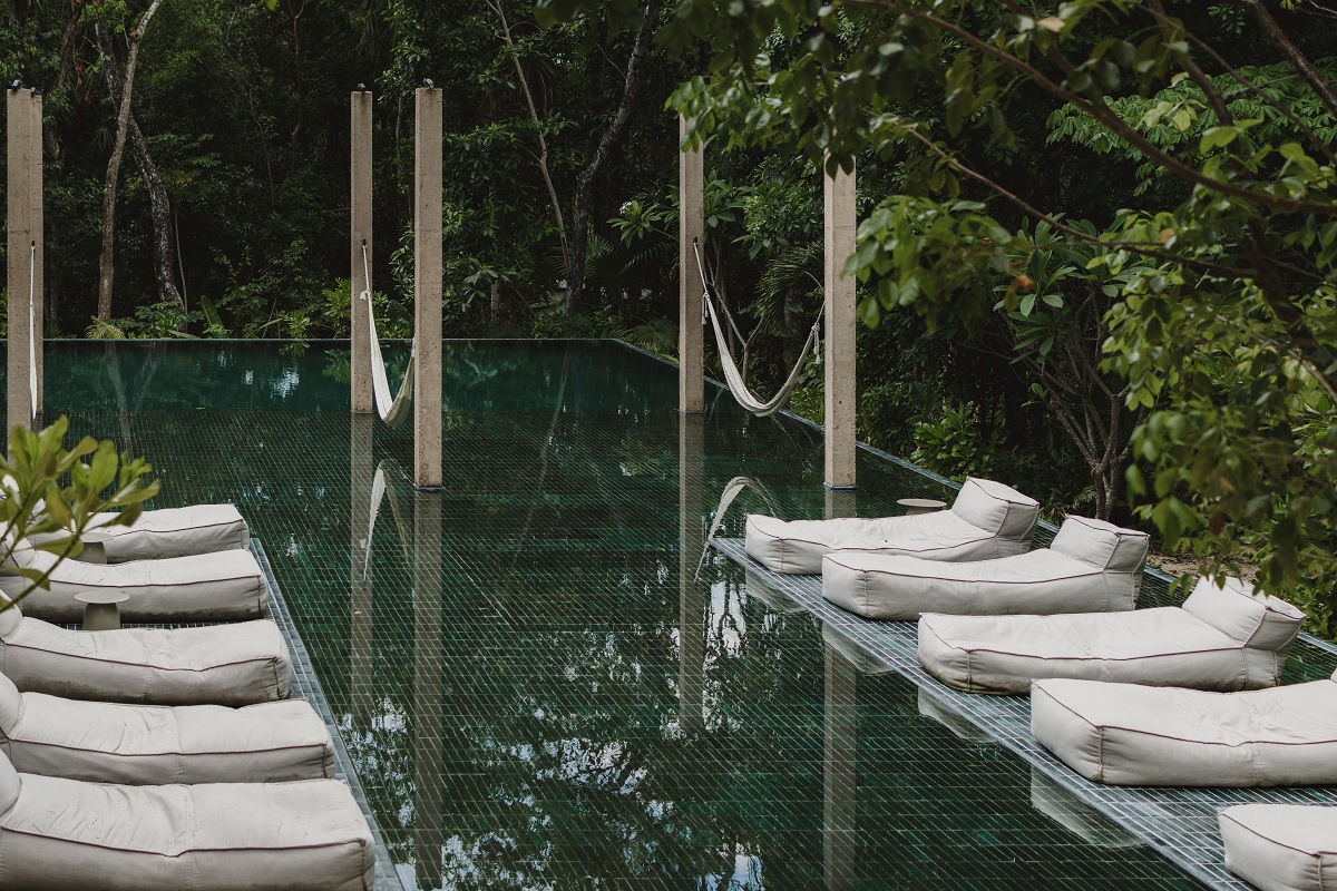 deck and sunloungers over the lagoon Bacalar in Mexico