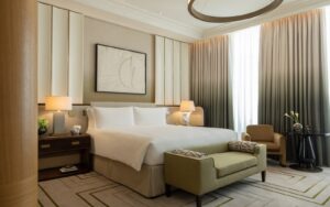 bedroom in The Savoy London with lighting by lutron