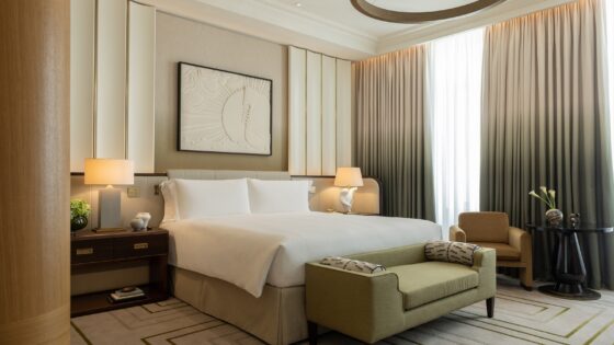 bedroom in The Savoy London with lighting by lutron