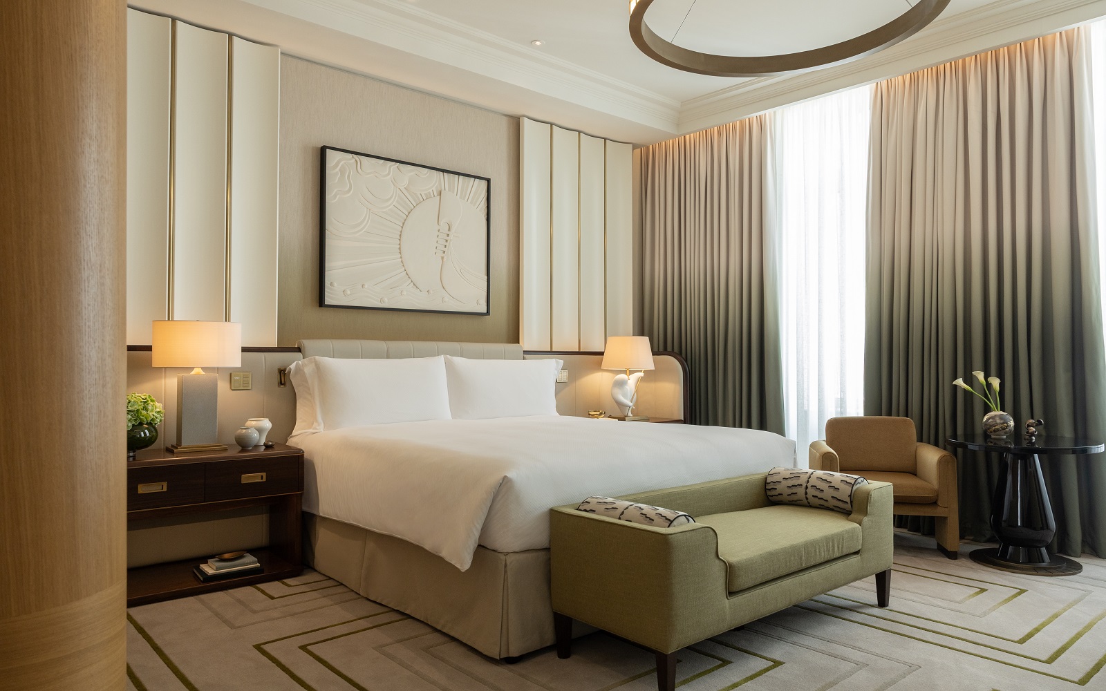 bedroom in The Savoy London with lighting by lutron