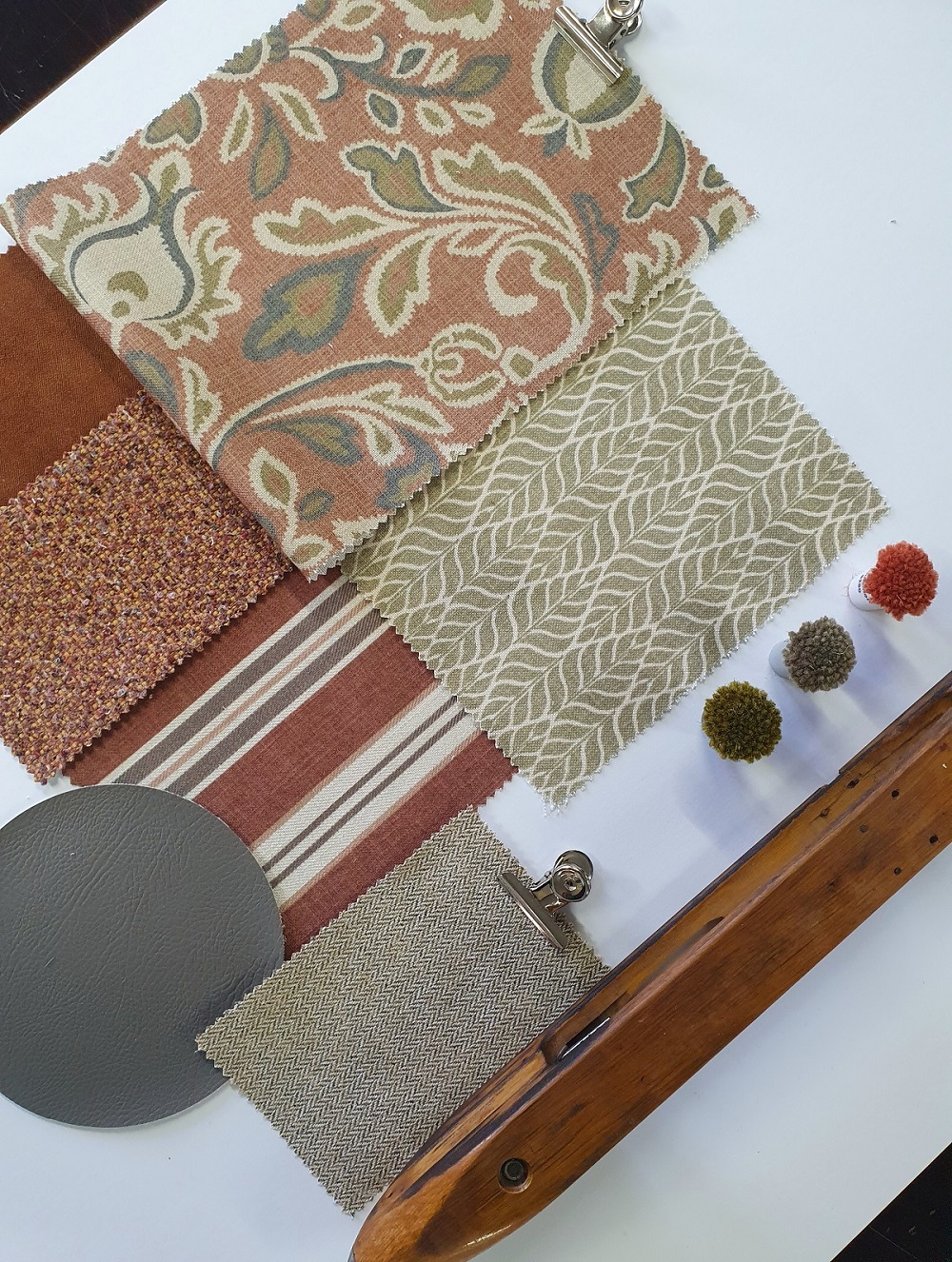sample board showing Poole, Maranta and Antheia fabric samples from Skopos