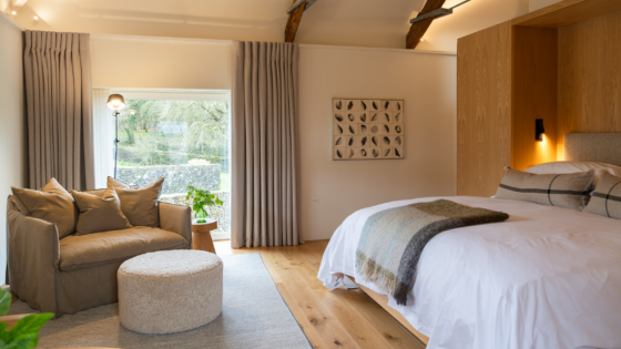 Fowlescombe Farm guestroom with view to countryside and farm