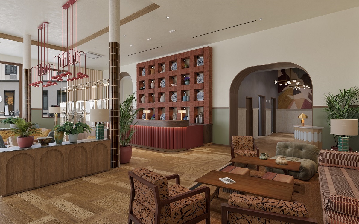seating and display shelving in hotel lobby Hoxton Hamburg