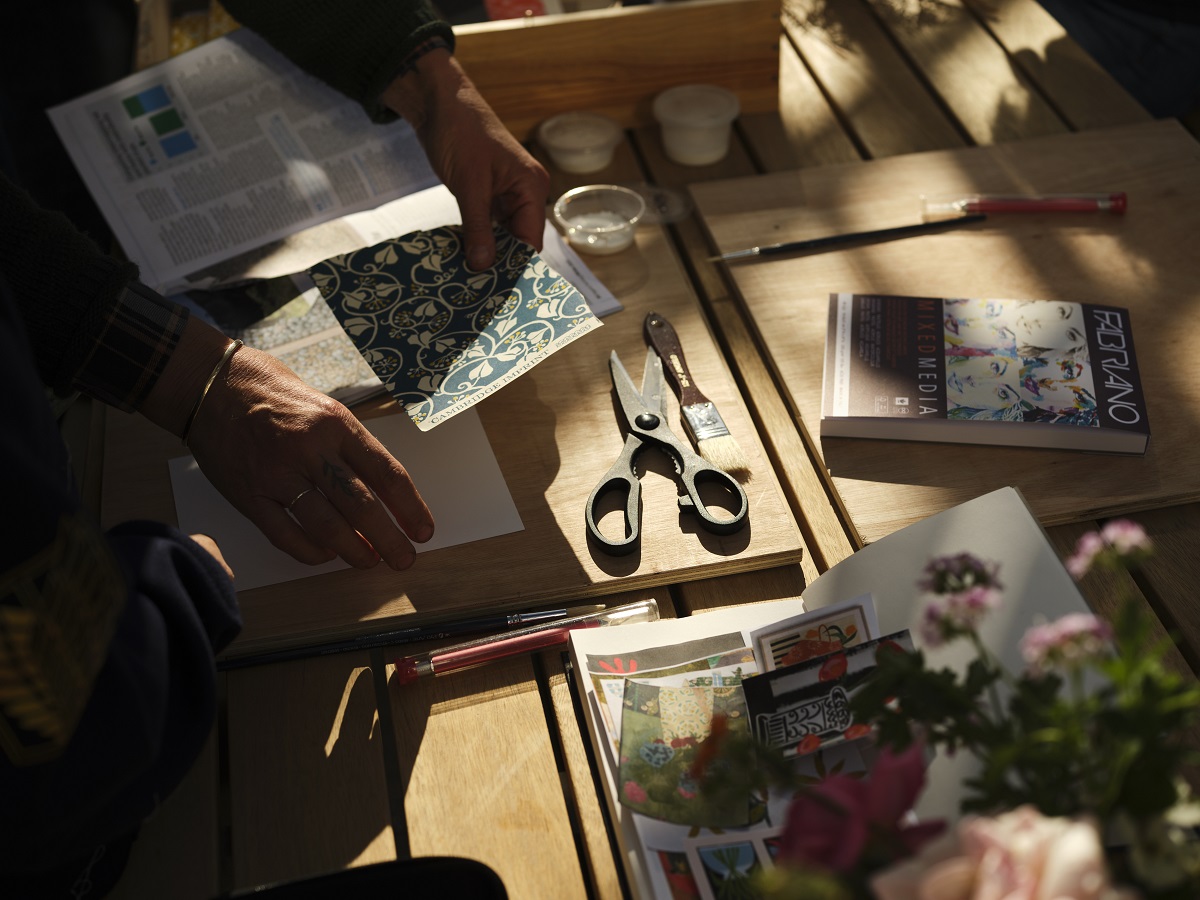 scissors and samples -preparing a moodboard for Fowlescombe Farm