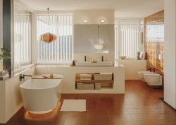 bathroom with wood and white surfaces and Roca Tura