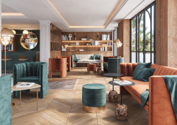 seating in orange and blue velvet with gold tables and lamps in the lounge of Ocean Drive Ibiza