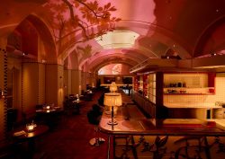 vaulted, painted ceiling in Rascal restaurant in Wilde Vienna