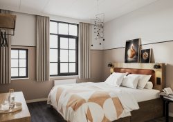 guestroom in Bob W Osterbro with walls in taupe and white and patterned throw on bed