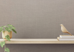 muraspec wallcovering behind wooden shelf with plant and wooden bird