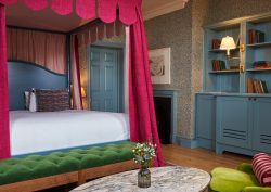 cherry red and duck egg blue in the bedroom at The Mitre
