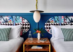 guestroom headboard detail with pattern on colpour at The Wayfinder Waikiki