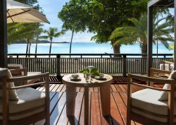 Crystal waters of Antiguan sea, viewed from beachside guestroom deck