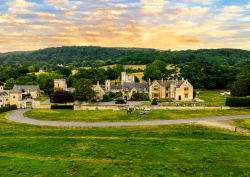 aerial view of ellenborough Park hotel and surrounding countryside with early morning sky