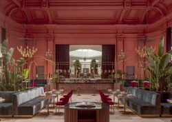 terracotta red ceiling and walls in period architecture of Mache restaurant in Madrid