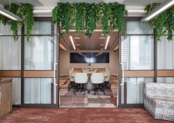 entrance to Accor head office meeting space with hanging plants and bespoke carpet from Modieus