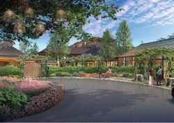 render of arrival courtyard at Treehouse Hotel California