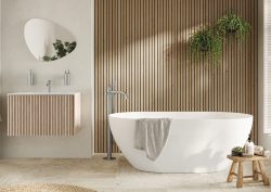 crosswater bathroom in white and wood with plants