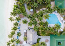 aerial view of Alphonse Island resort with beach, palm trees and swimming pool