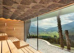 view across dolomites from sauna at Hotel Hubertus