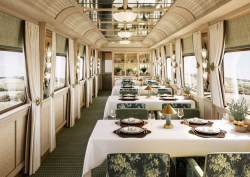 Dining car on the Britannic Explorer Belmond sleeper train