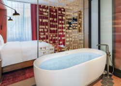 Bedroom at the Hard Rock Hotel Budapest, with a bath