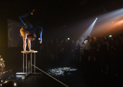 Hand balance act lit up on stage with crowd in the background