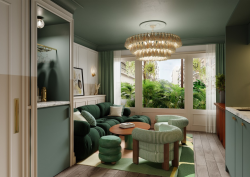 green walls and furniture refelct plants through the window in Le Jardin De Verre garden suite