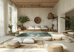 Indoor pool surrounded by pale furnishings with wooden accents.