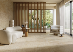 RAK Ceramics surfaces in beige tones, with cream furniture