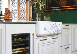 Shaws of Darwen Gallery Wild Grass Design incorporated into a striking island by Luxe Projects London for Clerkenwell Design Week and finished with Perrin and Rowe Southbank taps in aged brass - Photographer Chris Reeve