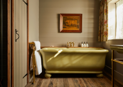 Yellow/green bath in wood floor bathroom