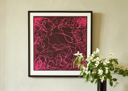 Pink and black graphic Richard Allan London silk scarf framed in black