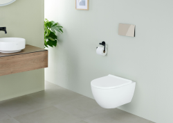 Geberit shower toilet mounted onto pale green wall, a chrome flush plate sits above