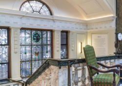 Upper lobby of Town Hall Hotel showing grand art deco design window