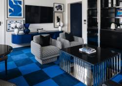 New suite design at Sofitel London St James, blue chequered carpet with mirrored accents New suite design at Sofitel London St James, blue chequered carpet with mirrored accents