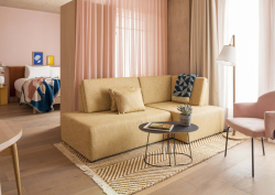 Pale solid wood flooring from Atkinson & Kirby in pale pink Japandi room