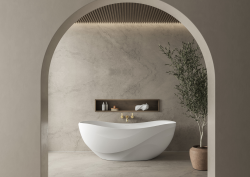 The Seros bath design from House of Rohl. Pictured through archway with olive tree to right